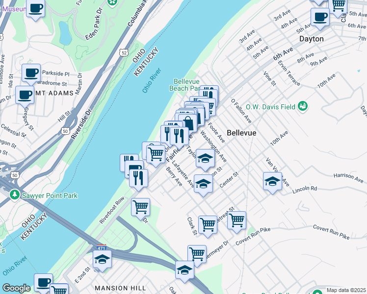 map of restaurants, bars, coffee shops, grocery stores, and more near 218 Fairfield Avenue in Bellevue
