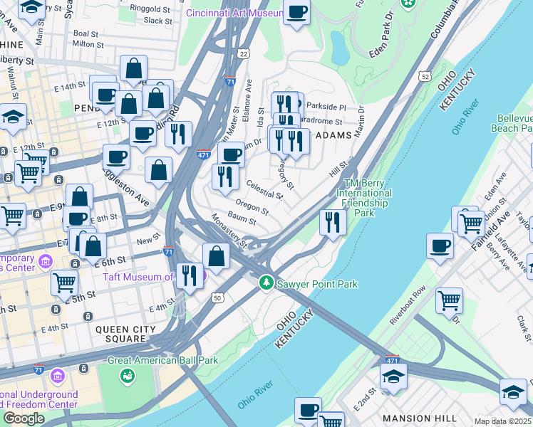 map of restaurants, bars, coffee shops, grocery stores, and more near 316 Oregon Street in Cincinnati