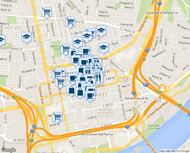 map of restaurants, bars, coffee shops, grocery stores, and more near 114 East 8th Street in Cincinnati