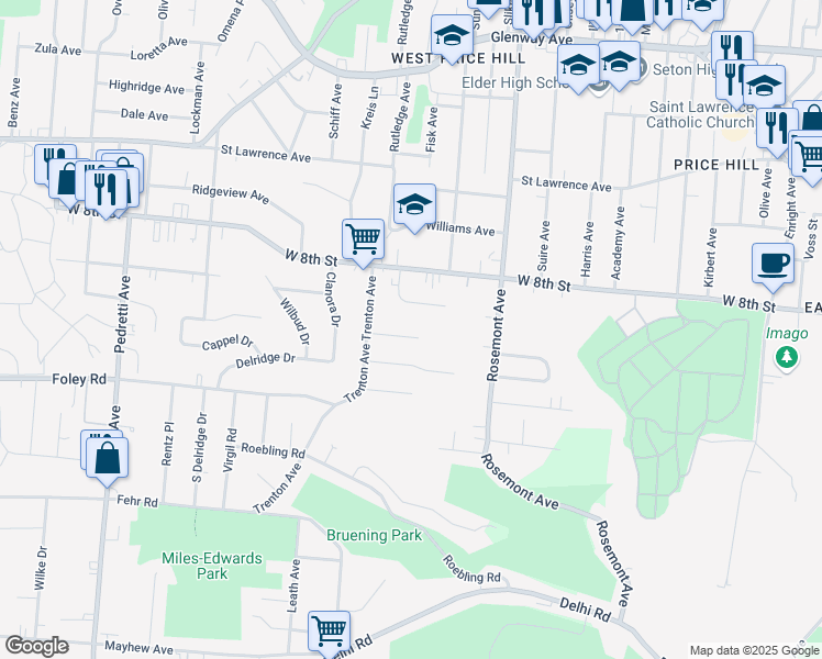 map of restaurants, bars, coffee shops, grocery stores, and more near 4115 Flower Avenue in Cincinnati