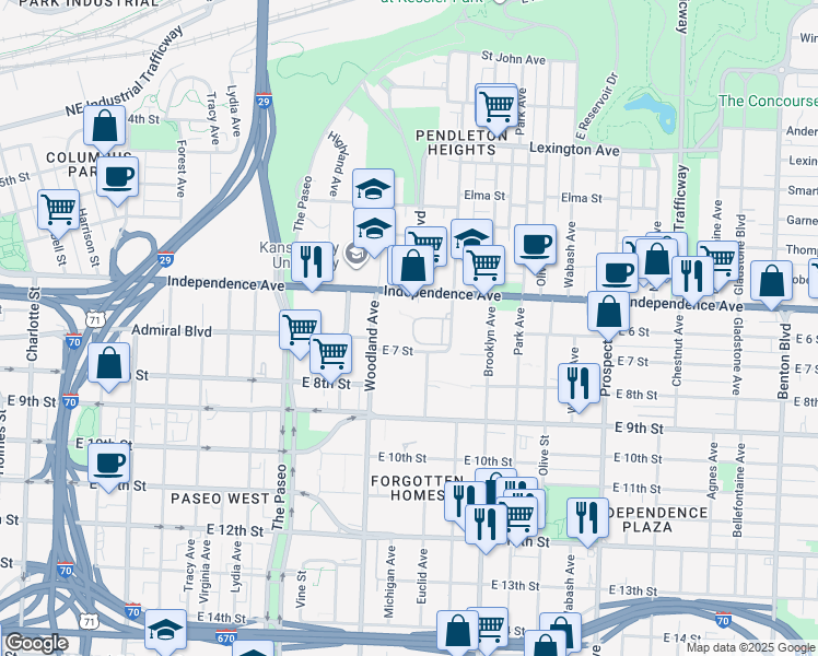 map of restaurants, bars, coffee shops, grocery stores, and more near 612 Garfield Avenue in Kansas City