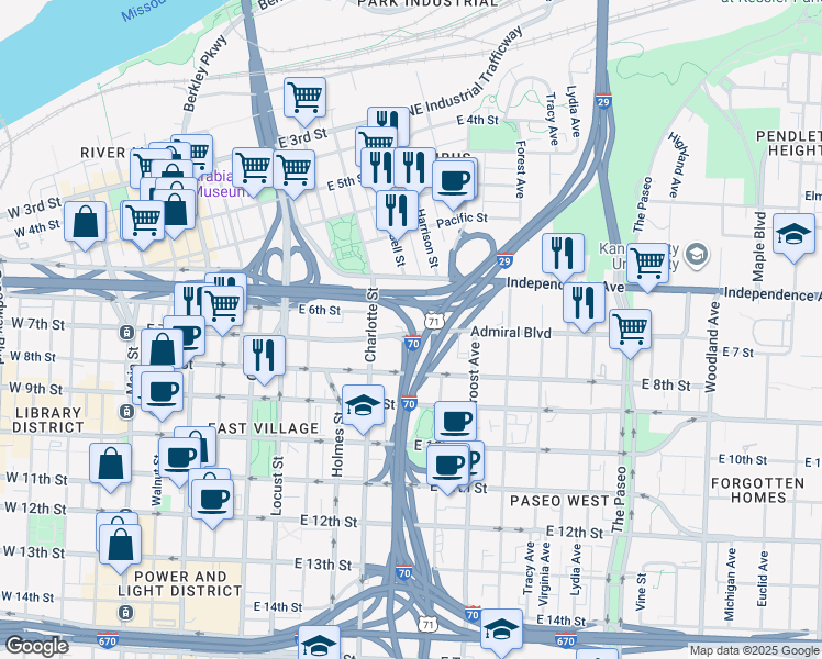 map of restaurants, bars, coffee shops, grocery stores, and more near Troost Ave in Kansas City