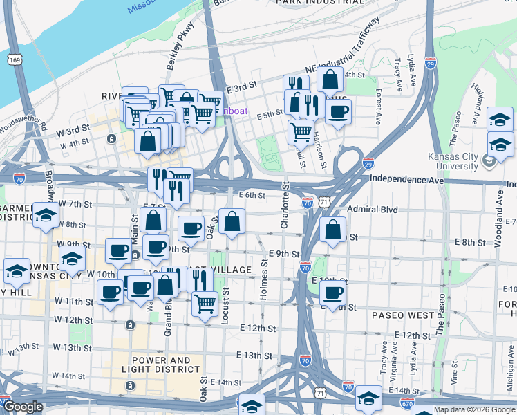 map of restaurants, bars, coffee shops, grocery stores, and more near 600 East 8th Street in Kansas City