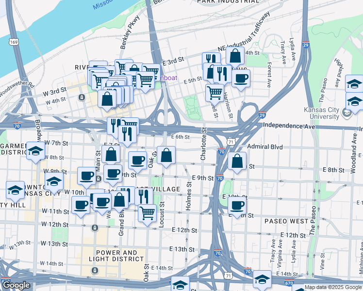 map of restaurants, bars, coffee shops, grocery stores, and more near 600 East 8th Street in Kansas City