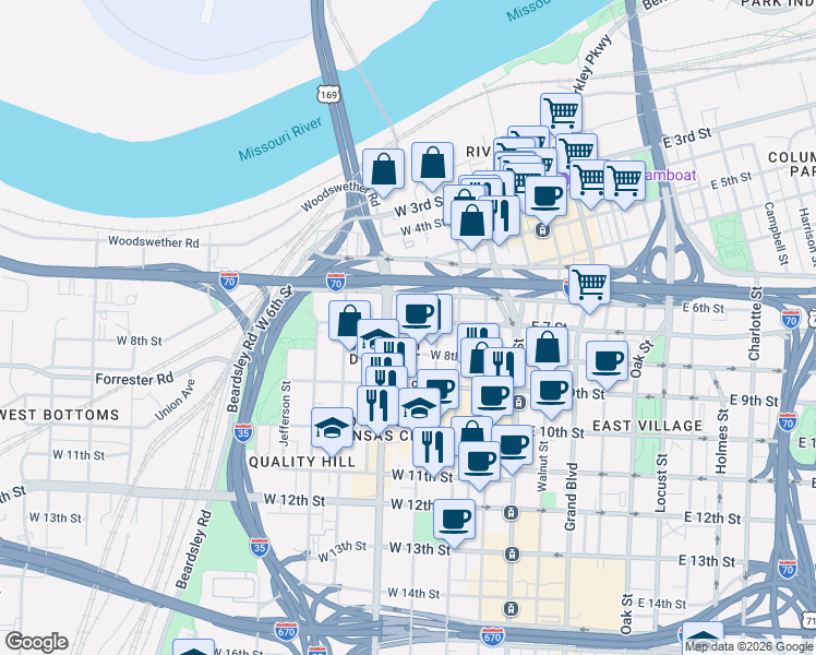 map of restaurants, bars, coffee shops, grocery stores, and more near 716 May Street in Kansas City