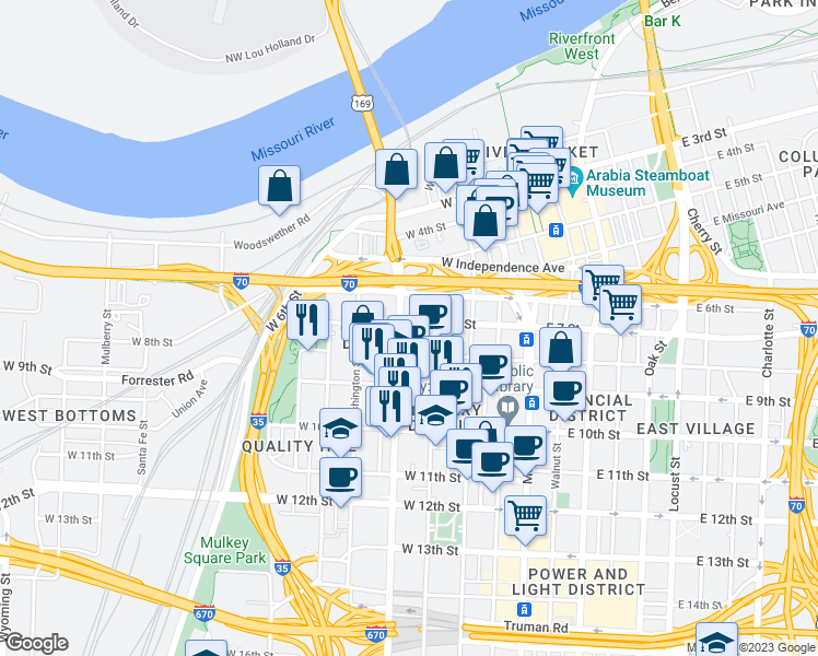 map of restaurants, bars, coffee shops, grocery stores, and more near in Kansas City