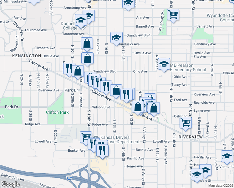 map of restaurants, bars, coffee shops, grocery stores, and more near 11 North 15th Street in Kansas City