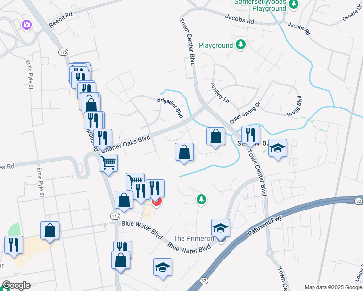 map of restaurants, bars, coffee shops, grocery stores, and more near 114 Leeds Creek Circle in Odenton