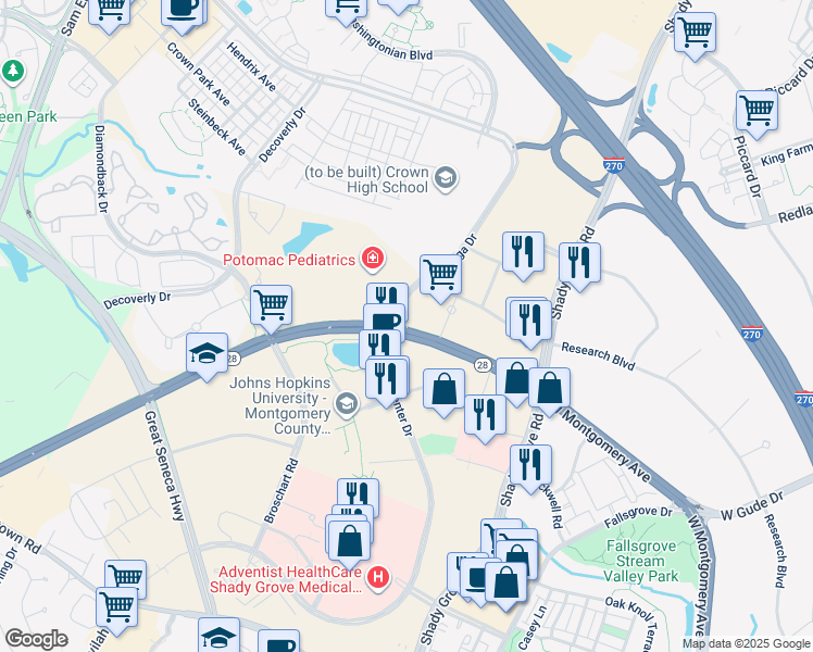 map of restaurants, bars, coffee shops, grocery stores, and more near 9473 Key West Avenue in Rockville