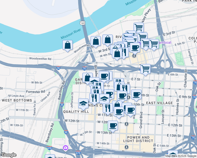 map of restaurants, bars, coffee shops, grocery stores, and more near 701 Broadway Boulevard in Kansas City