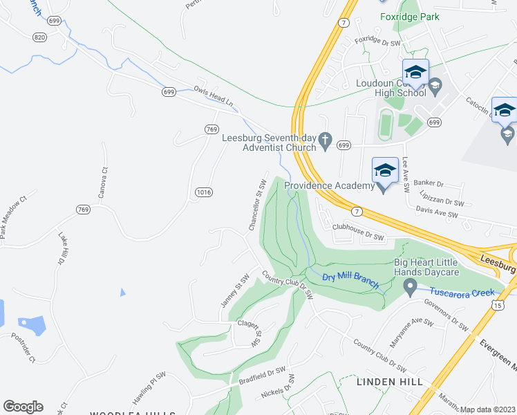 map of restaurants, bars, coffee shops, grocery stores, and more near 916 Chancellor Street Southwest in Leesburg