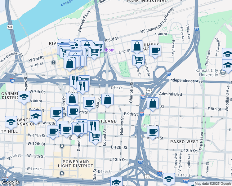 map of restaurants, bars, coffee shops, grocery stores, and more near 600 Admiral Boulevard in Kansas City