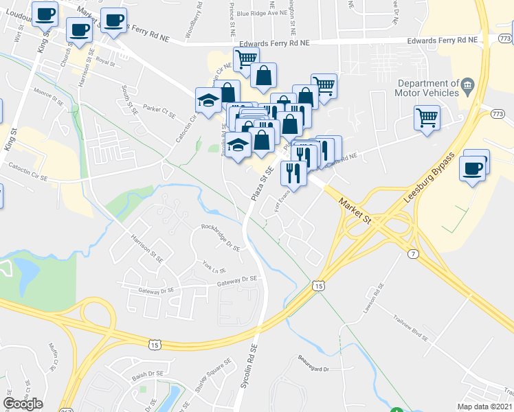 map of restaurants, bars, coffee shops, grocery stores, and more near 122 Fort Evans Road Southeast in Leesburg
