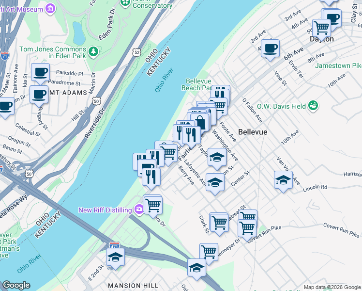 map of restaurants, bars, coffee shops, grocery stores, and more near 218 Fairfield Avenue in Bellevue