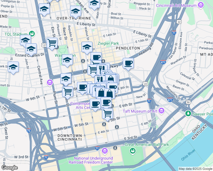 map of restaurants, bars, coffee shops, grocery stores, and more near 114 East 8th Street in Cincinnati