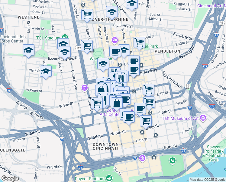 map of restaurants, bars, coffee shops, grocery stores, and more near in Cincinnati