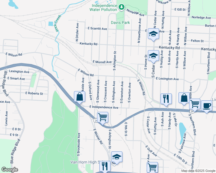 map of restaurants, bars, coffee shops, grocery stores, and more near in Independence