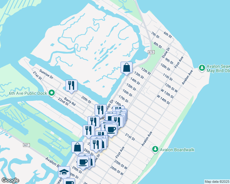 map of restaurants, bars, coffee shops, grocery stores, and more near 1688 Ocean Drive in Avalon