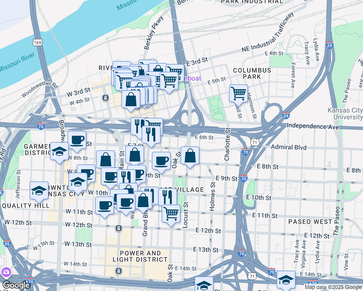 map of restaurants, bars, coffee shops, grocery stores, and more near 702 Oak Street in Kansas City