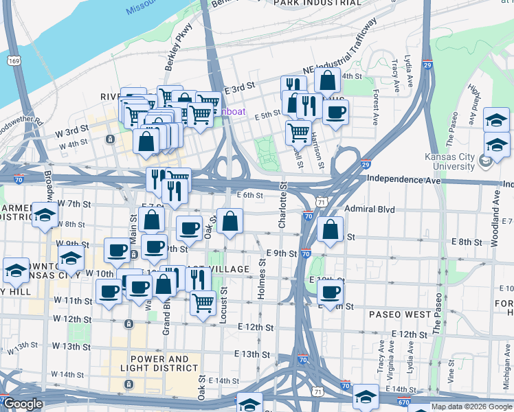map of restaurants, bars, coffee shops, grocery stores, and more near 600 East 8th Street in Kansas City