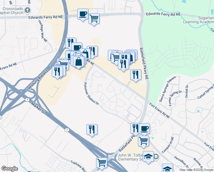 map of restaurants, bars, coffee shops, grocery stores, and more near 251 Golden Larch Terrace Northeast in Leesburg