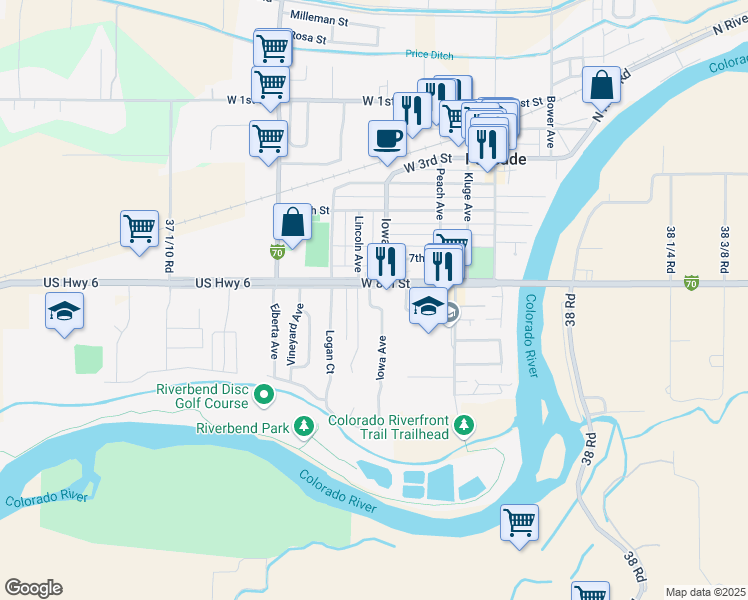 map of restaurants, bars, coffee shops, grocery stores, and more near 827 Iowa Avenue in Palisade