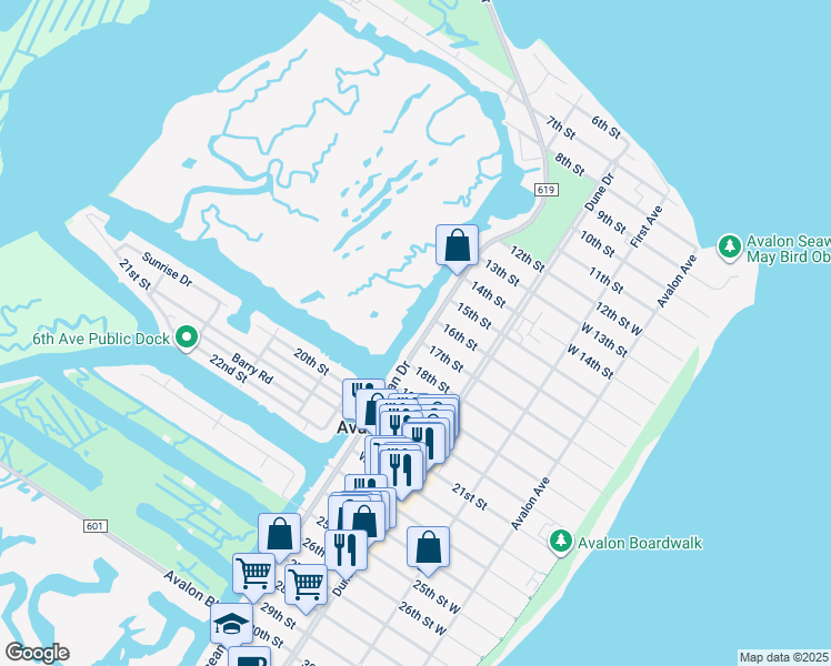 map of restaurants, bars, coffee shops, grocery stores, and more near 1688 Ocean Drive in Avalon