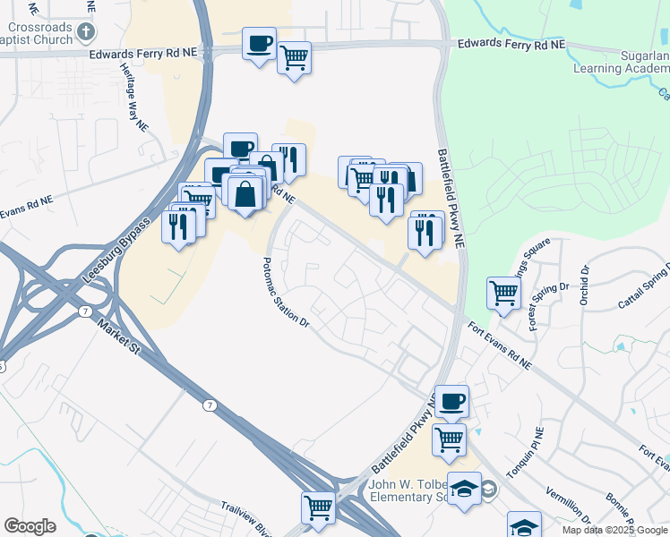 map of restaurants, bars, coffee shops, grocery stores, and more near 251 Golden Larch Terrace Northeast in Leesburg