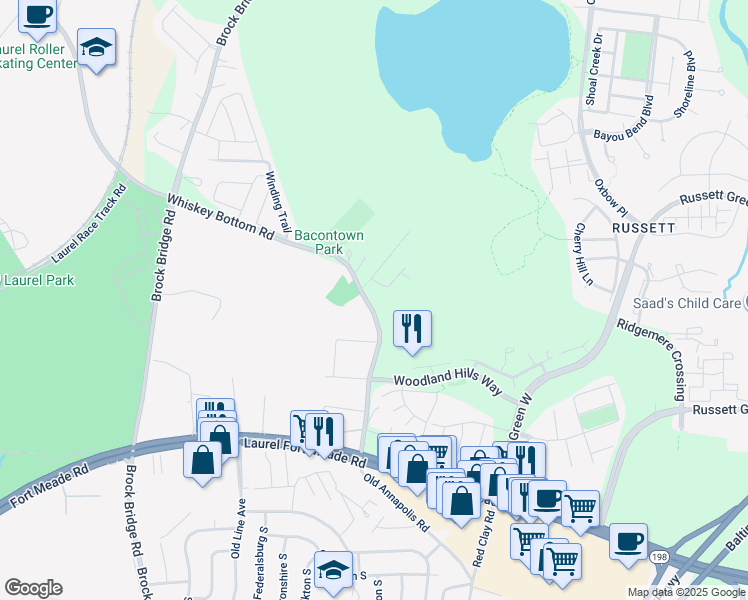 map of restaurants, bars, coffee shops, grocery stores, and more near 3569 Whiskey Bottom Road in Laurel