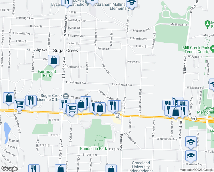 map of restaurants, bars, coffee shops, grocery stores, and more near 11543 East Lexington Avenue in Sugar Creek