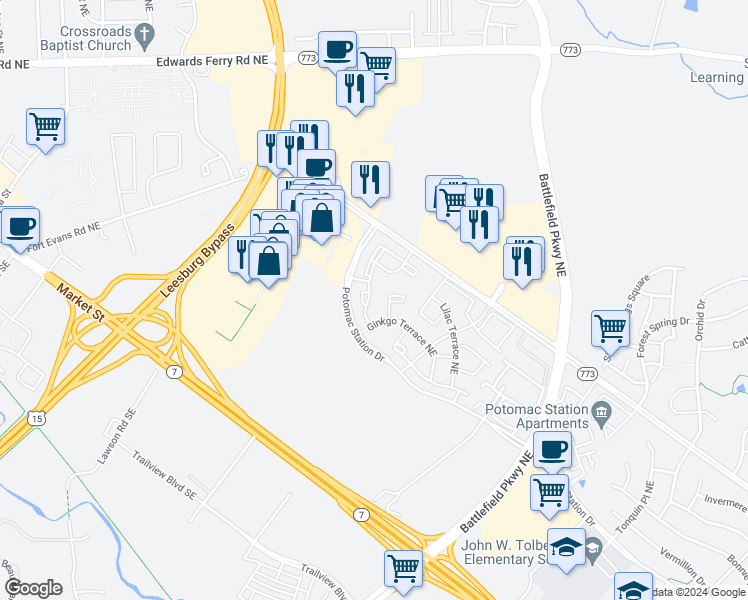 map of restaurants, bars, coffee shops, grocery stores, and more near 434 Andromeda Terrace Northeast in Leesburg