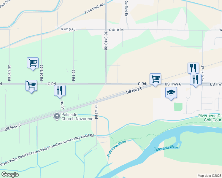 map of restaurants, bars, coffee shops, grocery stores, and more near 3645 Front Street in Palisade