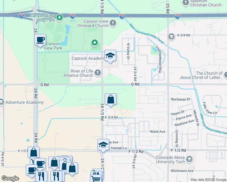 map of restaurants, bars, coffee shops, grocery stores, and more near 2463 G Road in Grand Junction