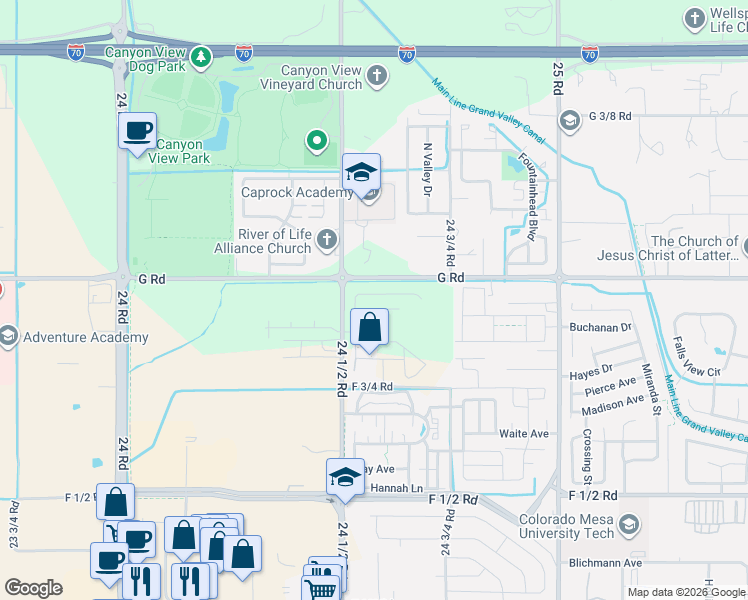 map of restaurants, bars, coffee shops, grocery stores, and more near 2463 G Road in Grand Junction