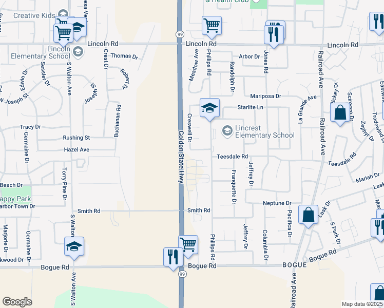 map of restaurants, bars, coffee shops, grocery stores, and more near 1561 Phillips Road in Yuba City
