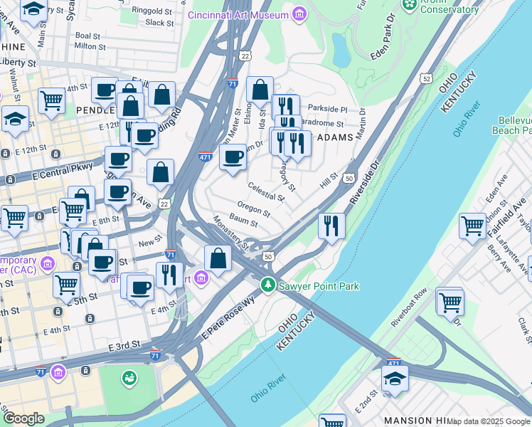 map of restaurants, bars, coffee shops, grocery stores, and more near 343 Baum Street in Cincinnati