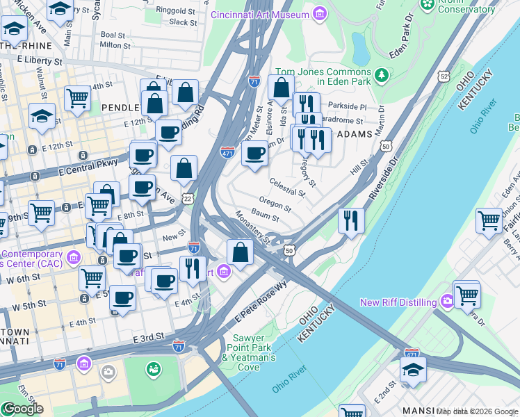 map of restaurants, bars, coffee shops, grocery stores, and more near 363 Kilgour Street in Cincinnati