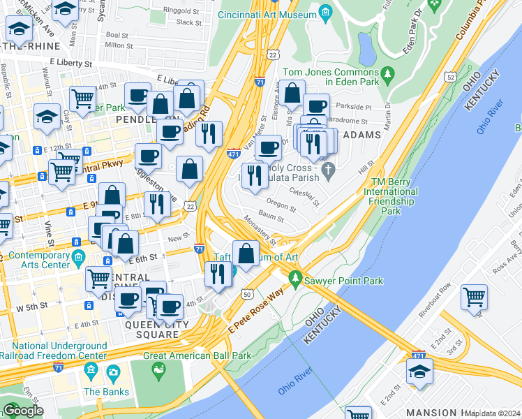 map of restaurants, bars, coffee shops, grocery stores, and more near 363 Kilgour Street in Cincinnati