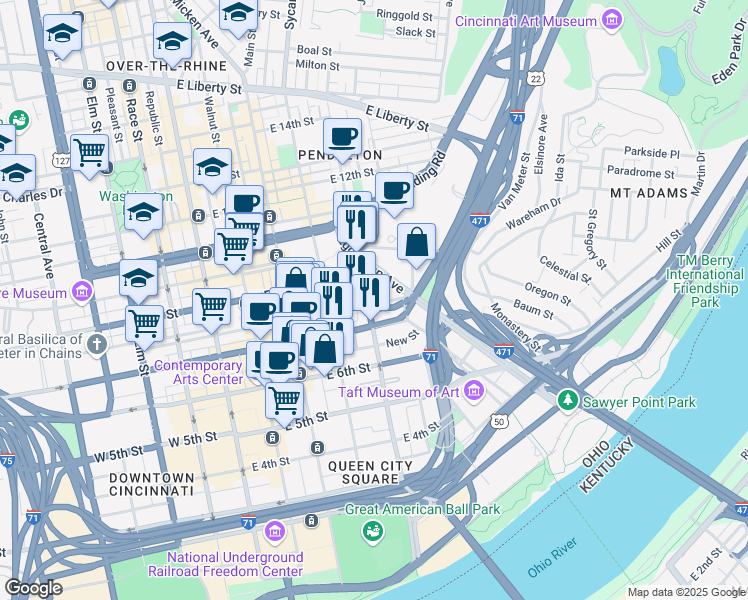 map of restaurants, bars, coffee shops, grocery stores, and more near 706 Broadway Street in Cincinnati