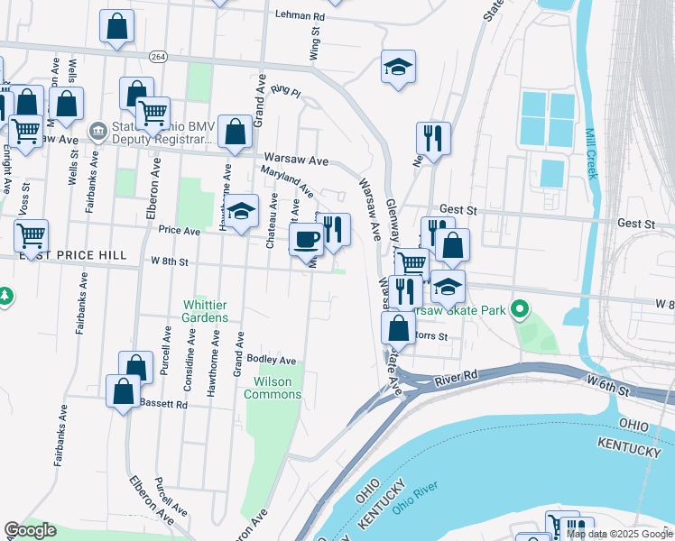 map of restaurants, bars, coffee shops, grocery stores, and more near 2429 Chateau Avenue in Cincinnati