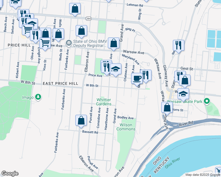 map of restaurants, bars, coffee shops, grocery stores, and more near 733 Hawthorne Avenue in Cincinnati