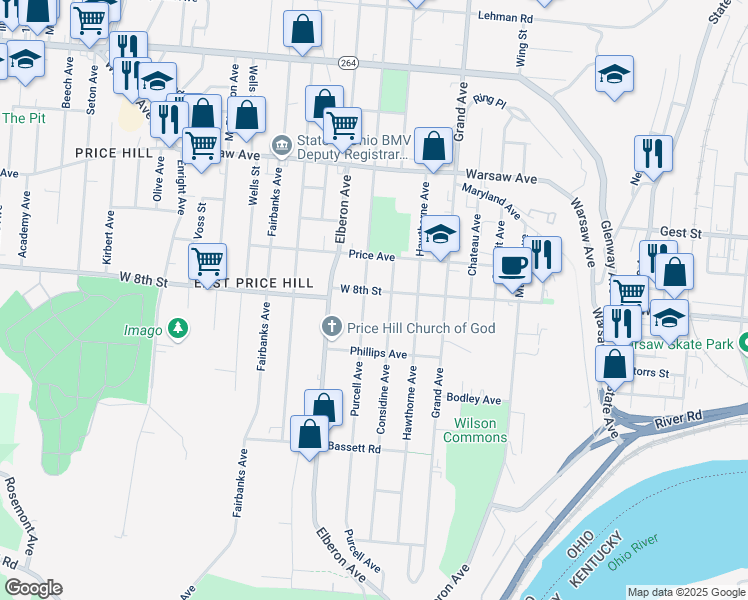 map of restaurants, bars, coffee shops, grocery stores, and more near 735 Considine Avenue in Cincinnati