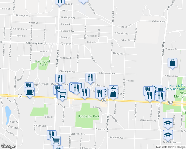 map of restaurants, bars, coffee shops, grocery stores, and more near 414 Ridge Drive in Sugar Creek