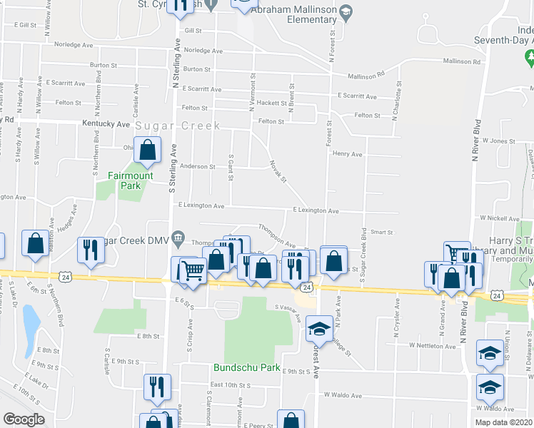 map of restaurants, bars, coffee shops, grocery stores, and more near 11501 East Thompson Street in Sugar Creek