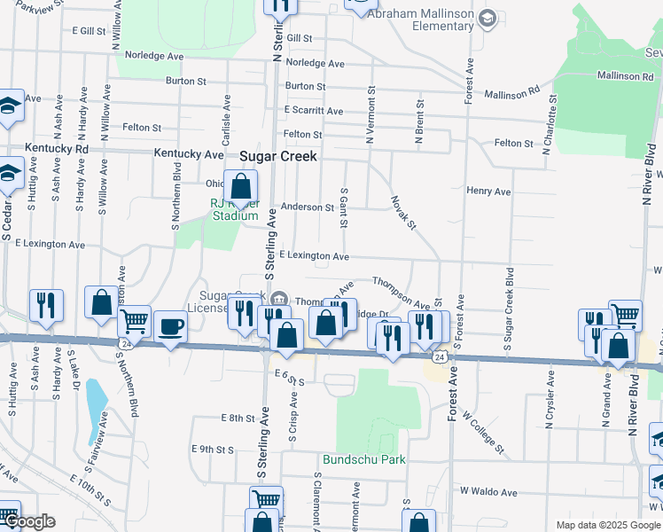 map of restaurants, bars, coffee shops, grocery stores, and more near 11306 Thompson Avenue in Sugar Creek