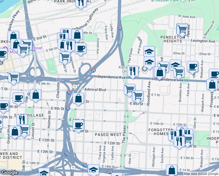 map of restaurants, bars, coffee shops, grocery stores, and more near 1224A Admiral Boulevard in Kansas City