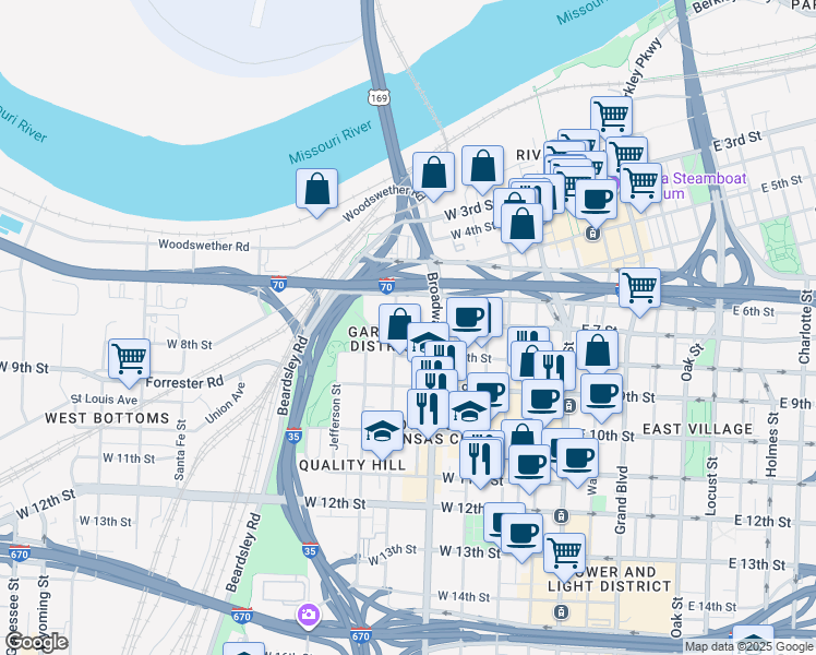 map of restaurants, bars, coffee shops, grocery stores, and more near in Kansas City