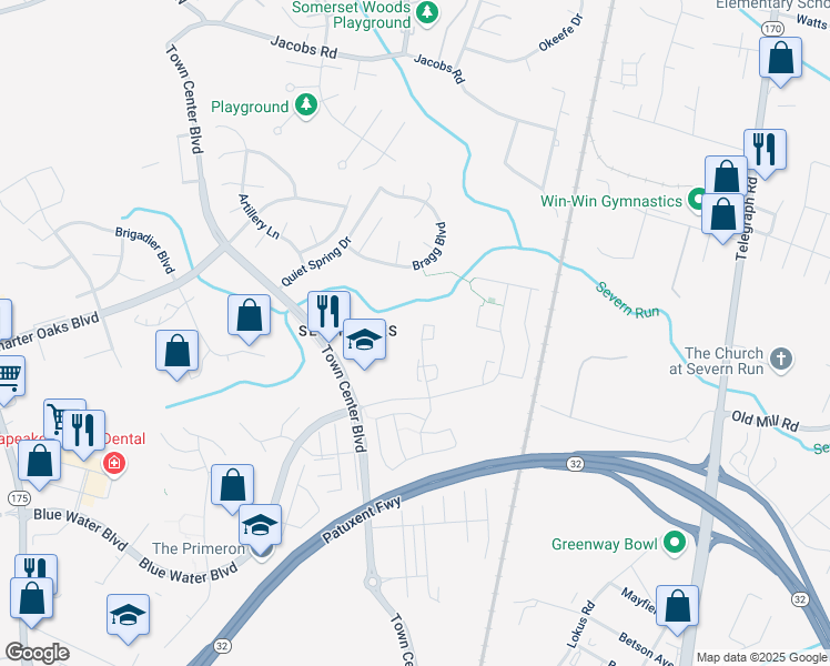 map of restaurants, bars, coffee shops, grocery stores, and more near 160 Goldsborough Drive in Odenton