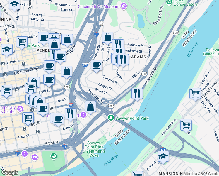 map of restaurants, bars, coffee shops, grocery stores, and more near 343 Oregon Street in Cincinnati