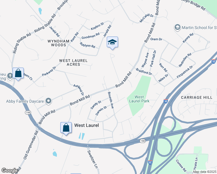 map of restaurants, bars, coffee shops, grocery stores, and more near 15700 Bond Mill Road in Laurel
